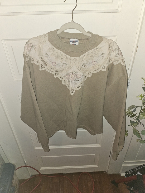 Jerzees Tops - Jerzees Taupe Sweatshirt with Cream Lace Custom Made Cotrafe Core Vibes
